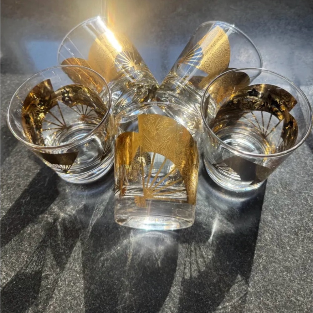 Vintage Japanese 22k Gold Fan Cocktail Glasses – Set of 6 – 1970s MCM